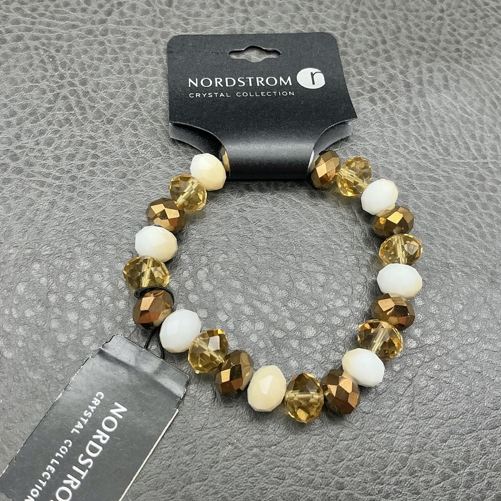 Nordstrom Crystal Collection Bracelet Stretch Beaded Faceted Gold Tone White